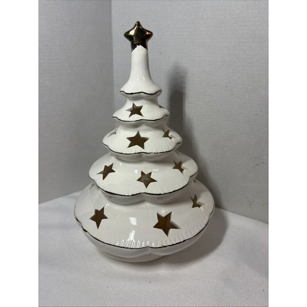 Vintage Henriksen Imports Ceramic Christmas Candle Light Tree - Gold Plated